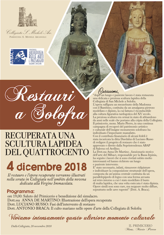 Solofra (Av)  Collegiata di San Michele – RECUPERATA UNA SCULTURA LAPIDEA DEL QUATTROCENTO – Presentazione del restauro marted 4 dicembre alle 19.00