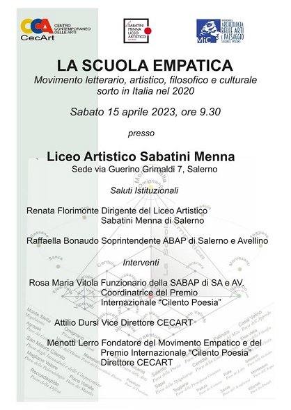 LA SCUOLA EMPATICA. Presentazione del Movimento letterario, artistico, filosofico e culturale – Sabato 15 aprile 2023, ore 09.30 presso il Liceo Artistico “Sabatini Menna”
