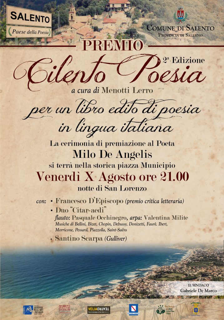 SALENTO (SA) Piazza Municipio / Venerd 10 agosto 2018, ore 21, PREMIO CILENTO POESIA. Vince il poeta Milo De Angelis