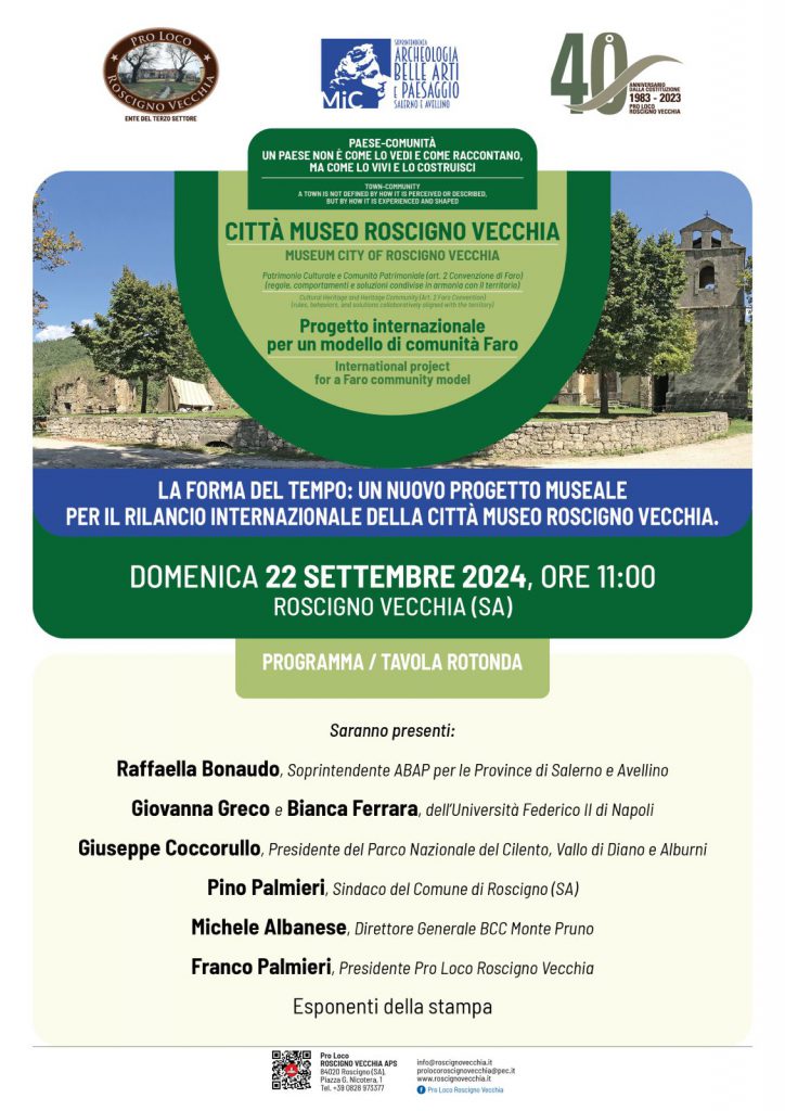 ROSGIGNO (SA) –  La Forma del Tempo: un nuovo progetto museale per il rilancio internazionale della Citt Museo Roscigno Vecchia, domenica 22 settembre 2024, ore 11.00