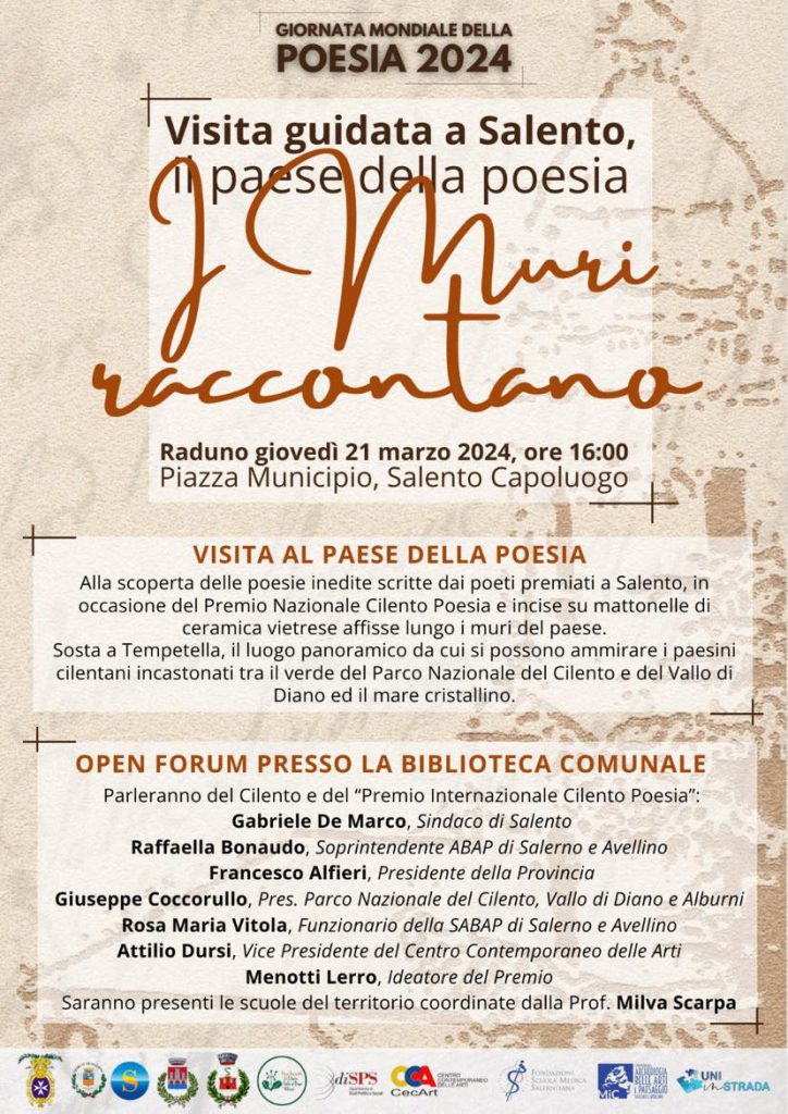 SALENTO (SA) – Giornata Mondiale della Poesia 2024  Salento, il Paese della Poesia  I Muri Raccontano  Gioved 21 marzo 2024, h.16,00