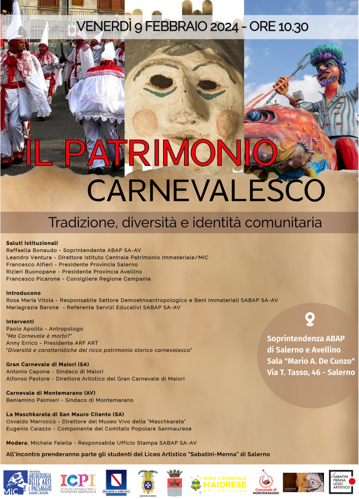 SALERNO – Il Patrimonio Carnevalesco, tradizione, diversit e identit comunitaria . Venerd 9 febbraio 2024, Palazzo Ruggi d’Aragona