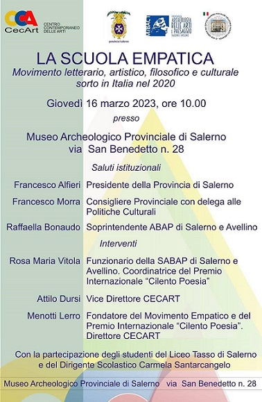 LA SCUOLA EMPATICA. Presentazione del Movimento letterario, artistico, filosofico e culturale – Gioved 16 marzo 2023, ore 10.00 presso il Museo Archeologico Provinciale di Salerno