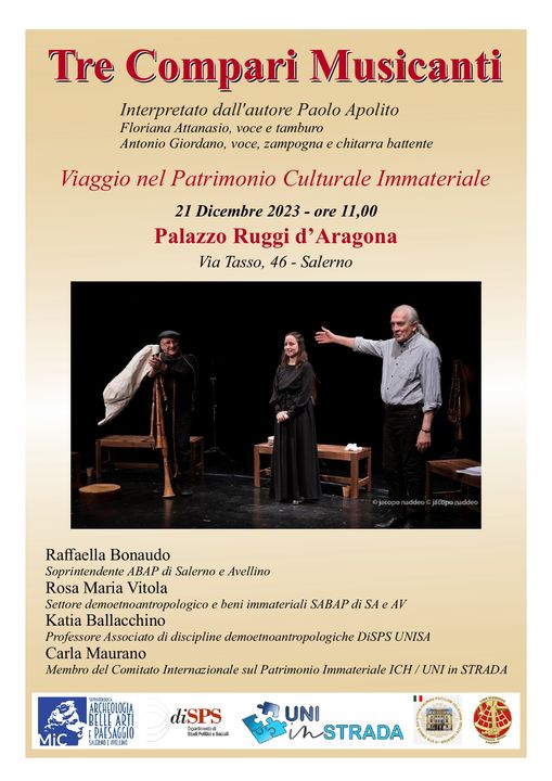 SALERNO – “Tre Compari Musicanti” di Paolo Apolito, Gioved 21 dicembre 2023  h: 11.00 Palazzo Ruggi DAragona